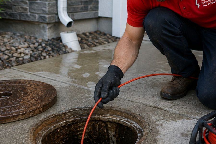 Our plumber feeding a drain cable into a sewer cleanout outside a Denver home